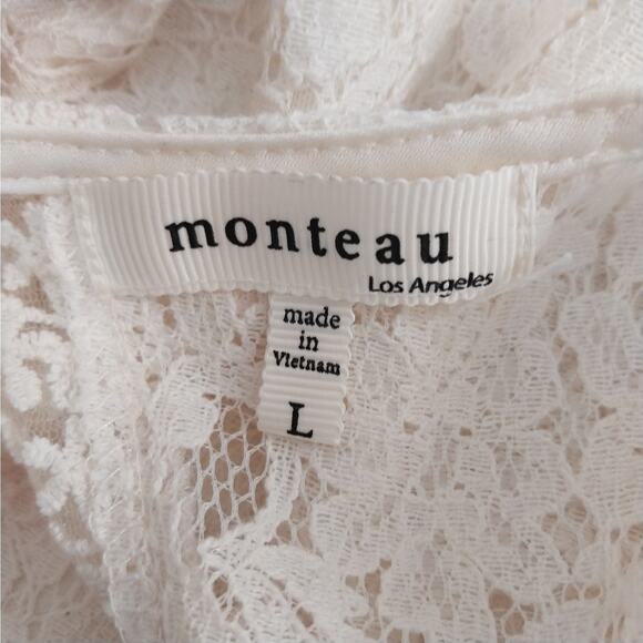 MONTEAU LOS ANGELES! CREAM STRETCH LACE OVER CREAM SHEATH SLEEVELESS DRESS! SZ L - Picture 8 of 10